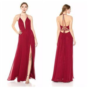 Betsy & Adam Gown Size 4 Plunge Neck Open Lace Up Back High Slit Burgundy